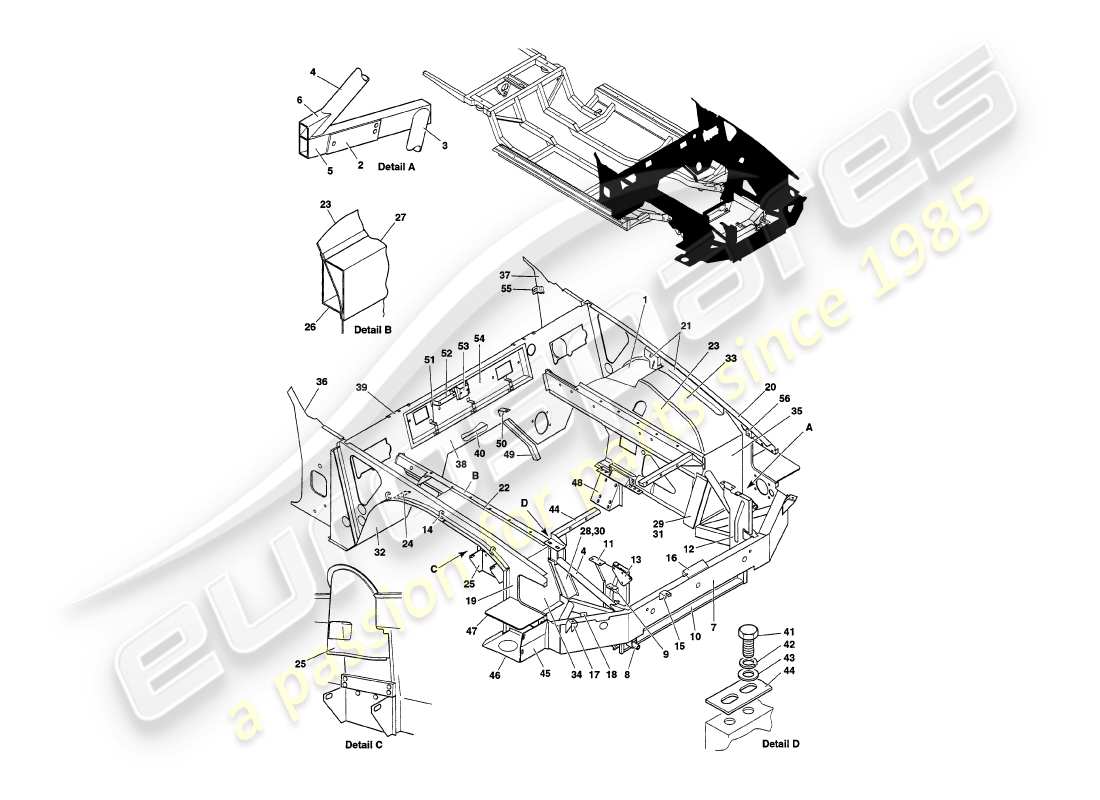 aston martin v8 volante (1997) teilediagramm der frontstruktur