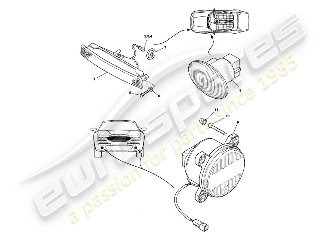 aston martin v8 volante (1998) teilediagramm für außenleuchten