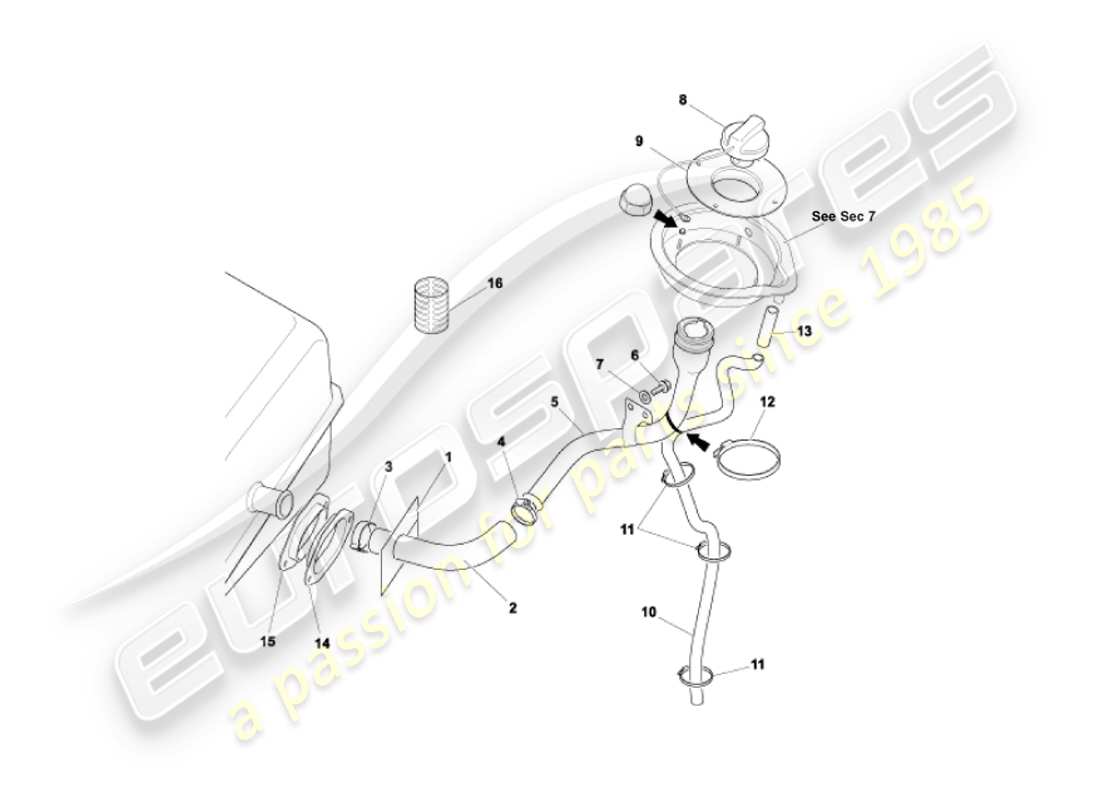 aston martin vanquish (2004) teilediagramm für kraftstoffeinfüllrohr
