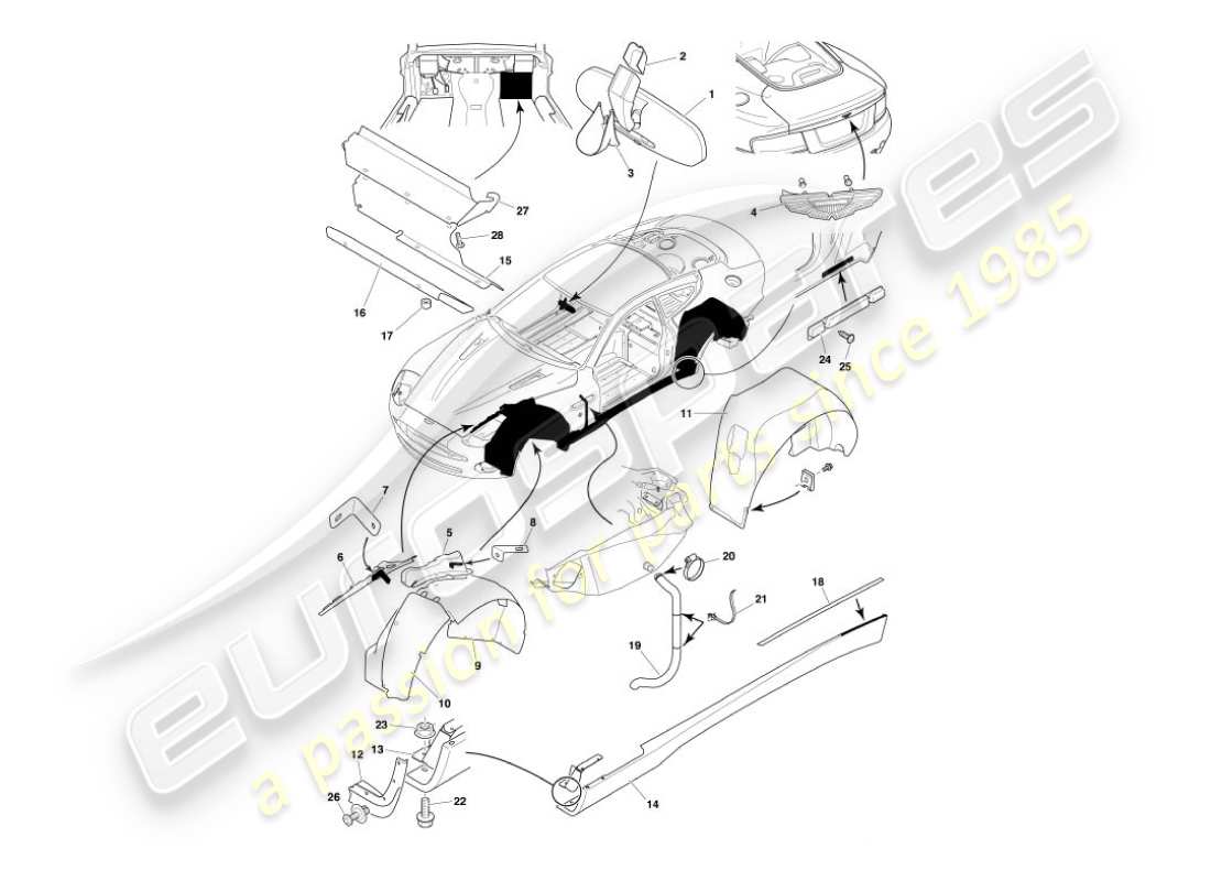 aston martin vanquish (2002) teilediagramm für karosseriebeschläge