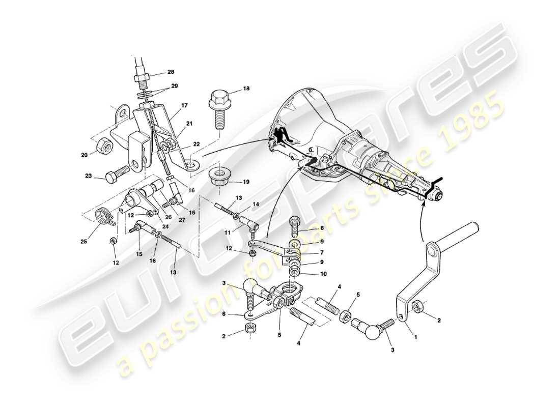 aston martin v8 coupe (2000) teilediagramm für getriebegestänge