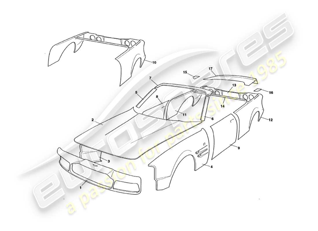 aston martin v8 volante (1999) teilediagramm für karosserieteile