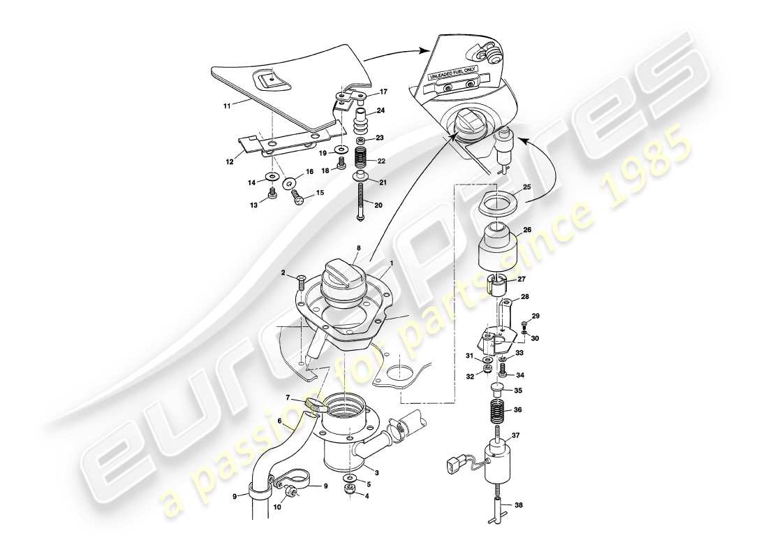 aston martin v8 volante (1999) teilediagramm für tankklappen
