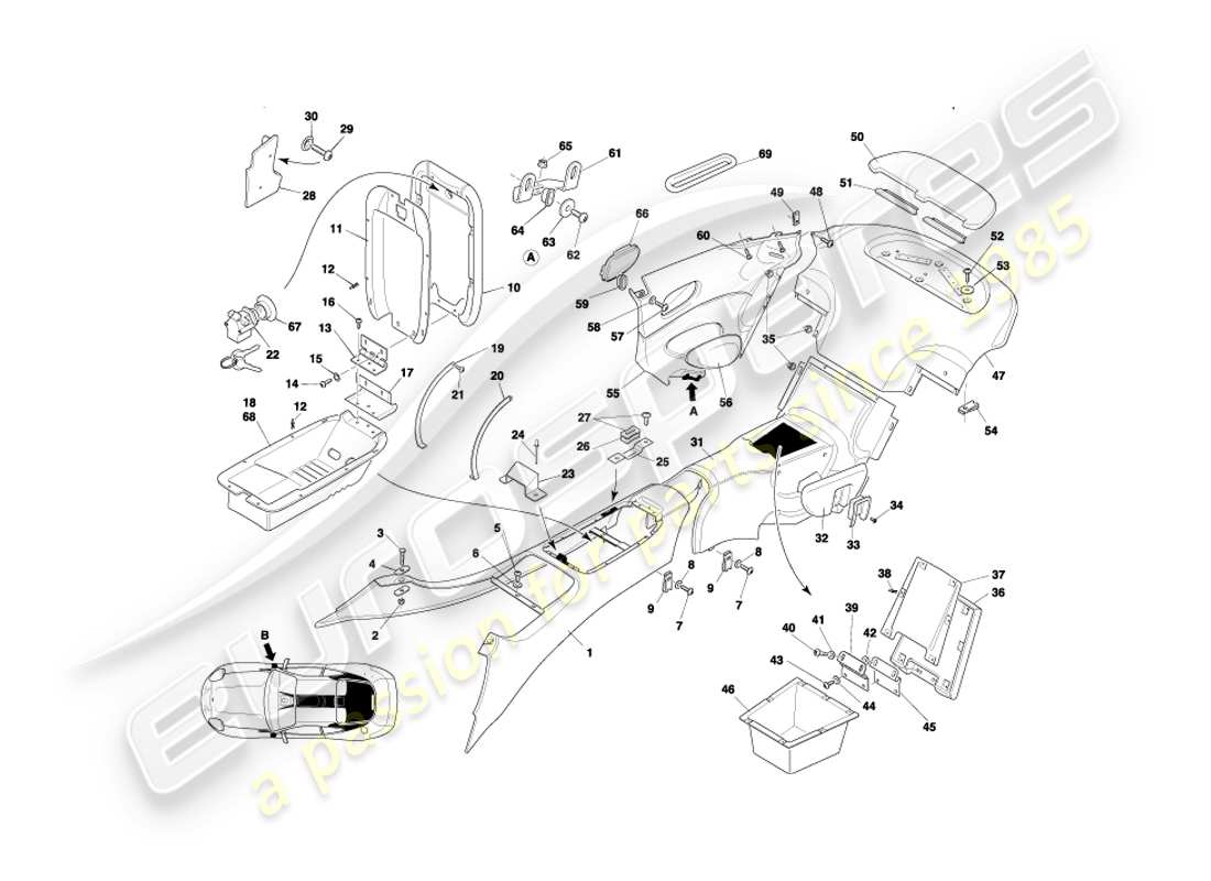aston martin db7 vantage (1999) mittelkonsole und verkleidung, coupé-teilediagramm