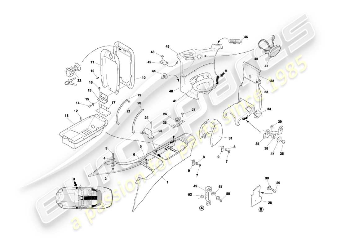 aston martin db7 vantage (1999) mittelkonsole und verkleidung, volante-teilediagramm