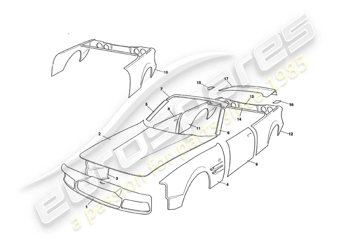 aston martin v8 volante (1998) teilediagramm für karosserieteile