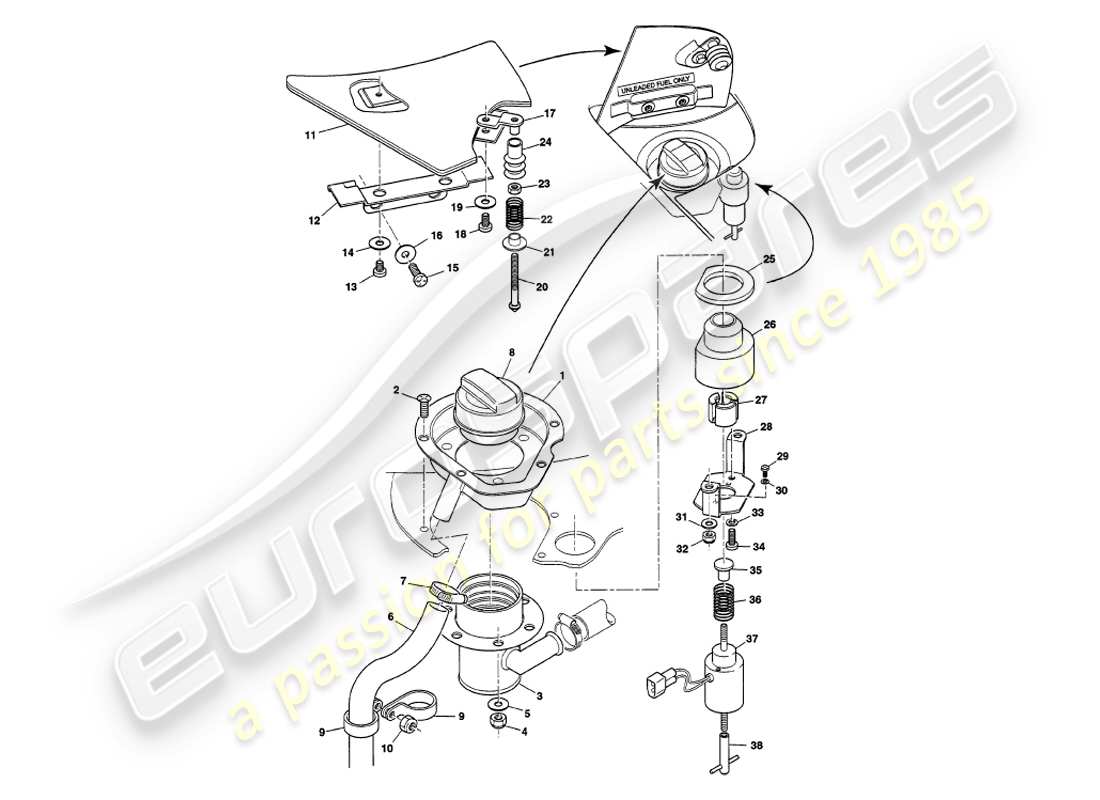 aston martin v8 volante (1998) teilediagramm für tankklappen