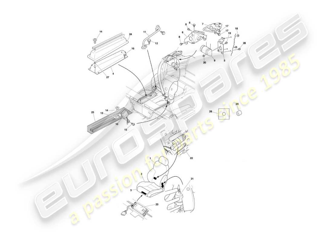 aston martin vanquish (2006) teilediagramm für vordersitze und gurte