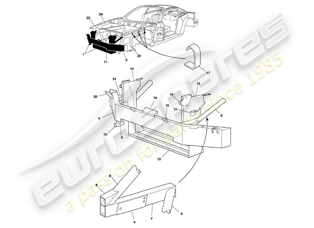 aston martin v8 coupe (1999) teilediagramm des vorderen stoßfängerstützrahmens