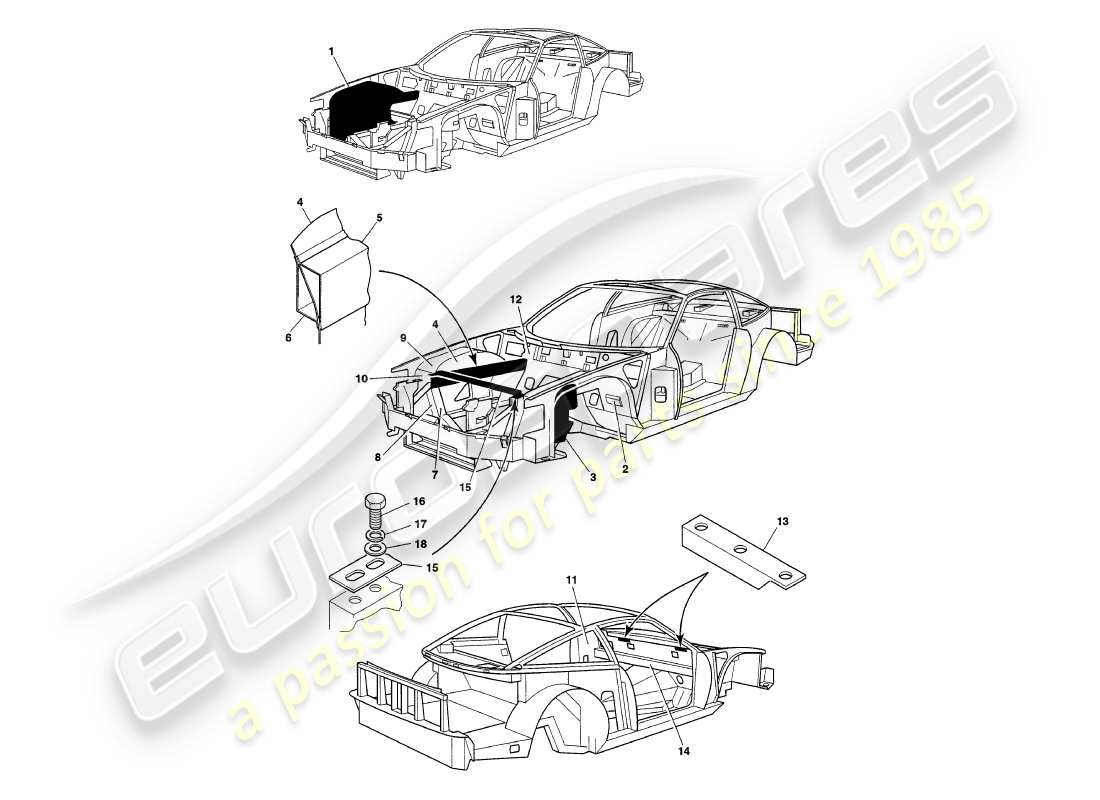 aston martin v8 coupe (1999) teilediagramm für chassisplatten