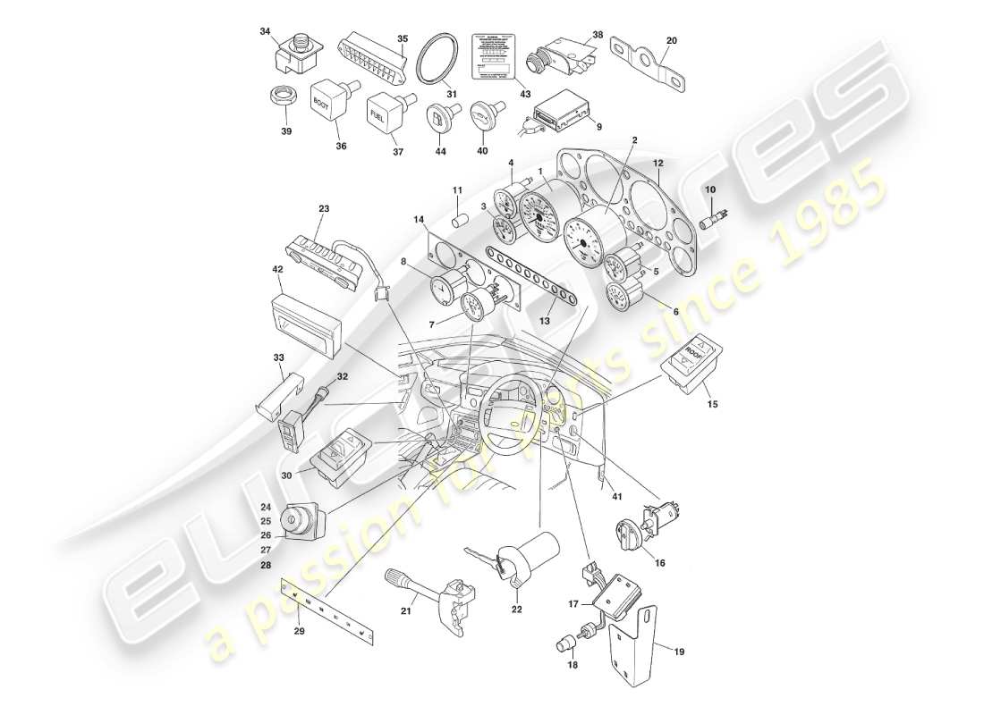 aston martin v8 virage (2000) teilediagramm für instrumente und bedienelemente