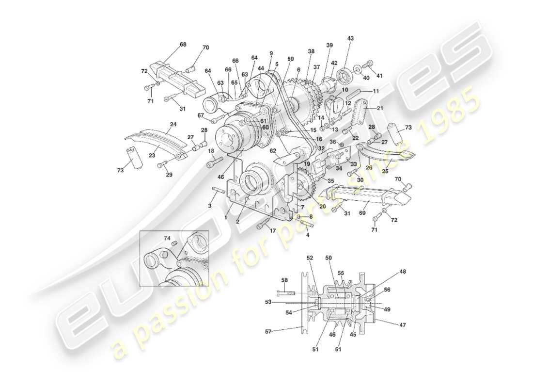aston martin v8 virage (2000) teilediagramm für steuergehäuse, wasserpumpe und kettenräder