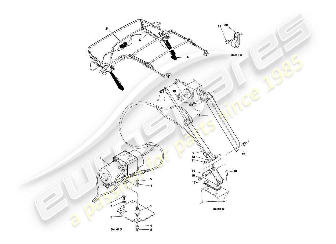 aston martin v8 volante (1998) teilediagramm für die haubenhydraulik