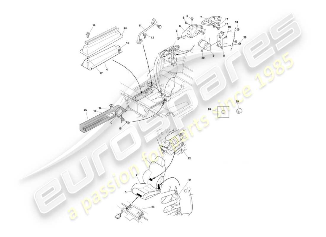 aston martin vanquish (2002) teilediagramm für vordersitze und gurte