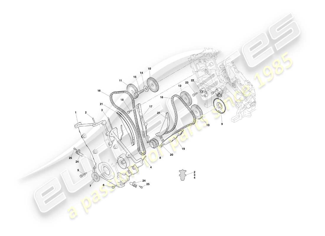 aston martin db7 vantage (1999) teilediagramm für steuergehäuse, wasserpumpe und kettenräder