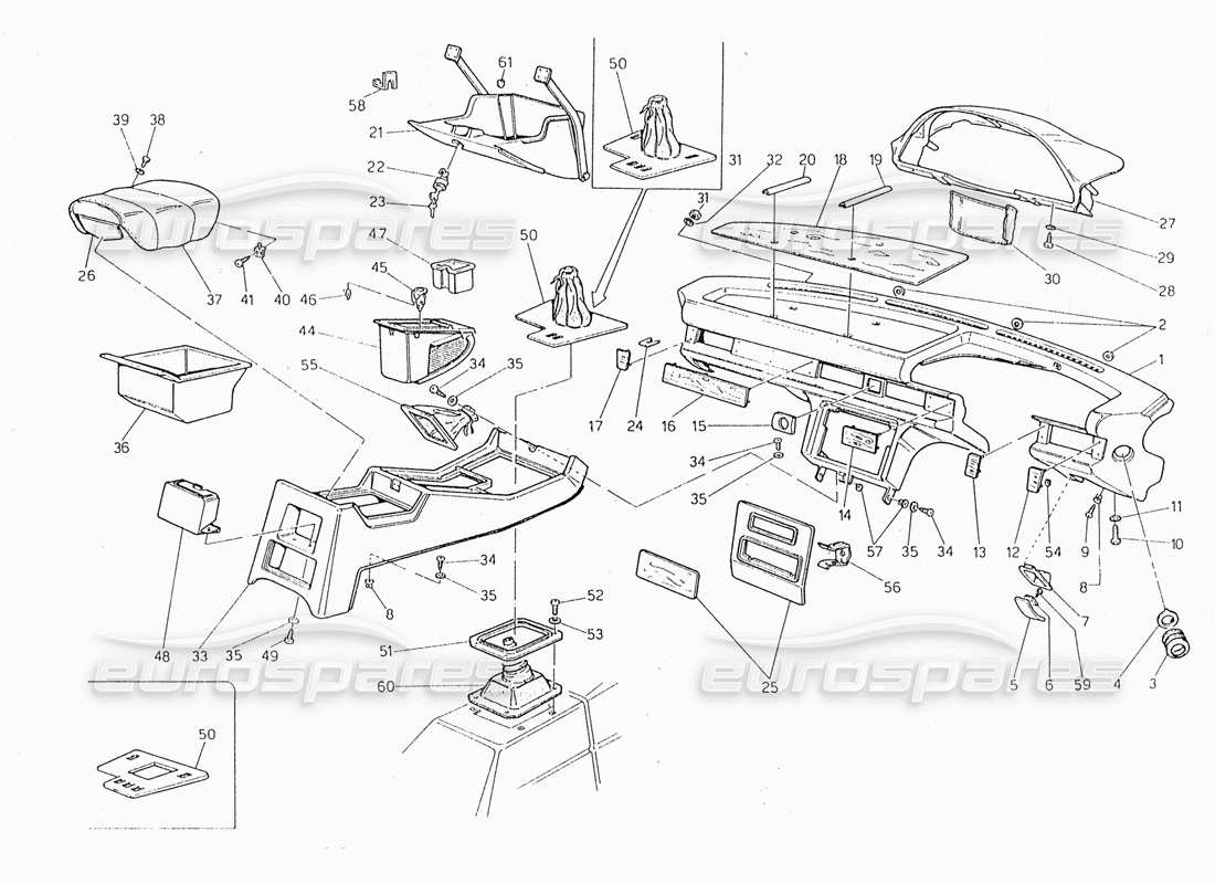 maserati 228 teilediagramm für instrumententafel und konsole (rechte lenkung).