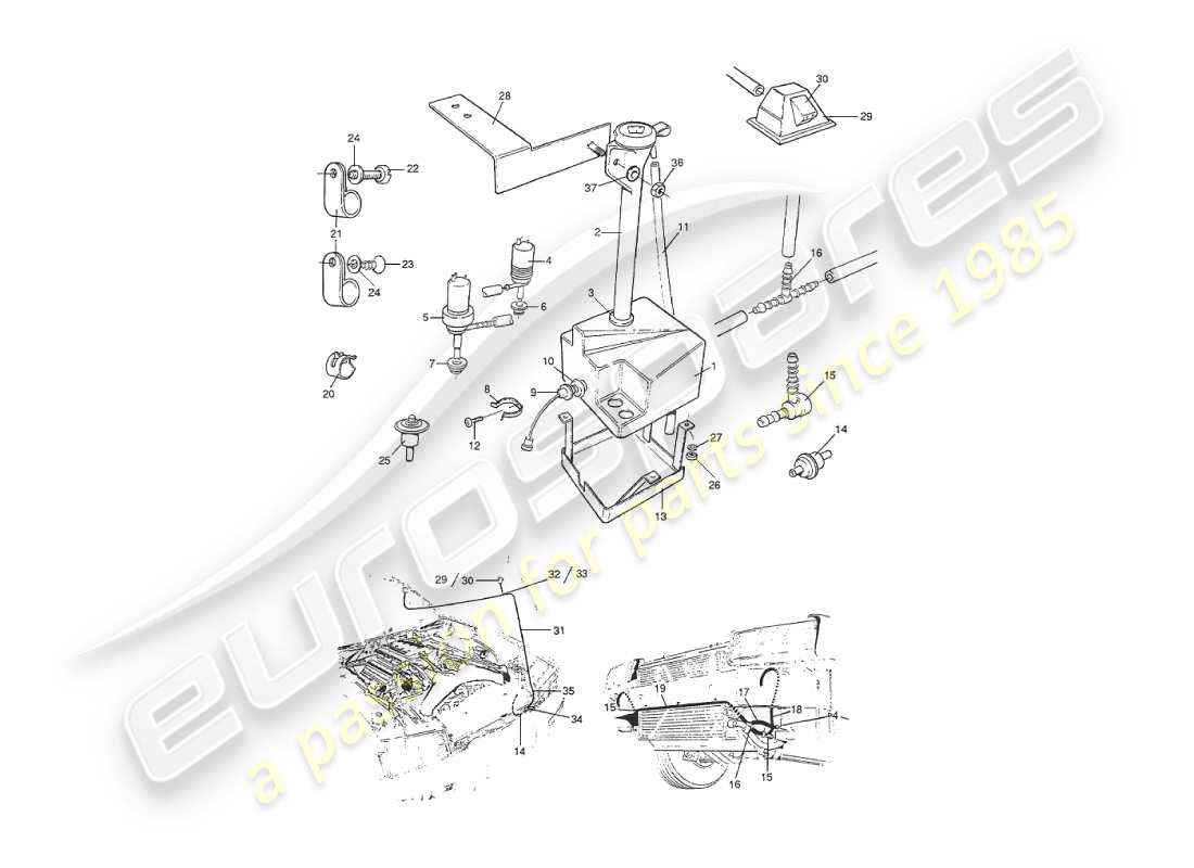aston martin v8 virage (1999) teilediagramm für windschutzscheiben- und scheinwerferwaschanlagen
