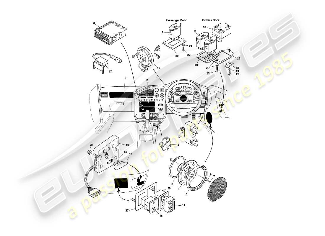 aston martin v8 volante (1997) teilediagramm für instrumente und bedienelemente