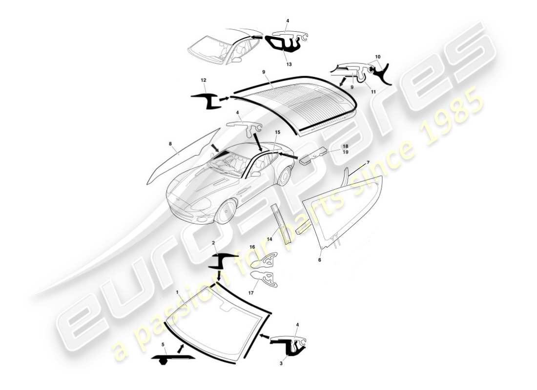 aston martin vanquish (2005) glas- und finisher-ersatzteildiagramm