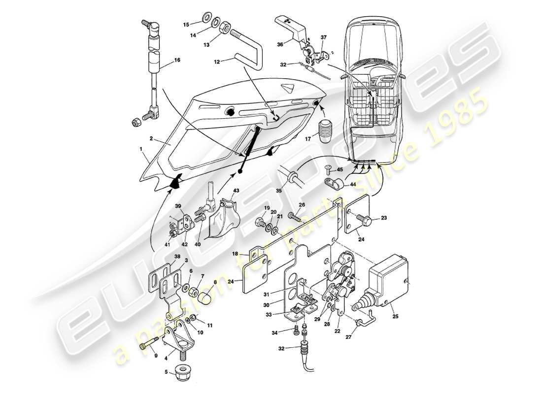 aston martin v8 volante (1997) teilediagramm des kofferraumdeckels