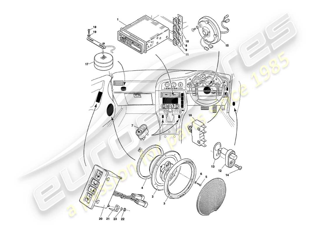 aston martin v8 coupe (2000) teilediagramm für instrumente und bedienelemente