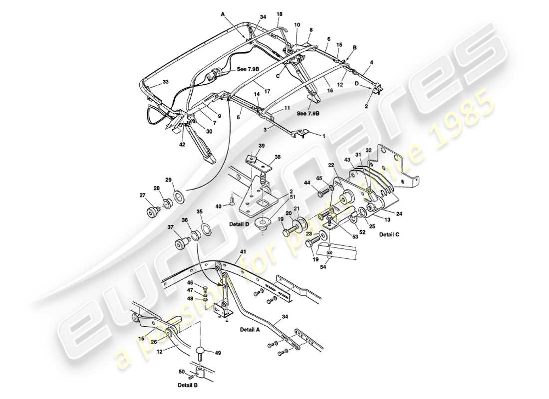 aston martin v8 volante (1999) teilediagramm der haubenrahmenbaugruppe