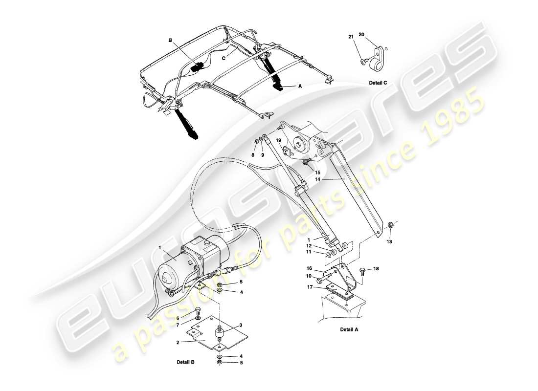 aston martin v8 volante (1999) teilediagramm für die haubenhydraulik