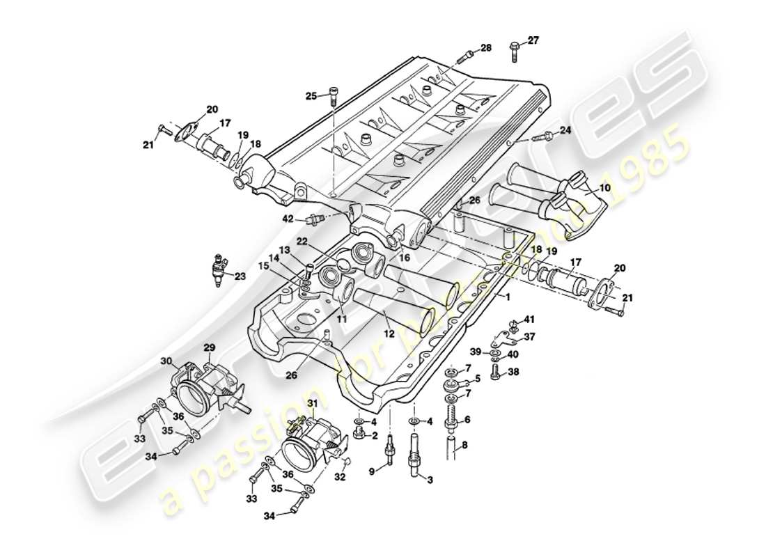 aston martin v8 volante (1999) teilediagramm für ansaugkrümmer und ansaugluftkammer