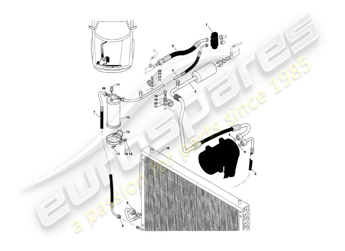 aston martin v8 coupe (2000) teilediagramm für den einbau in den motorraum