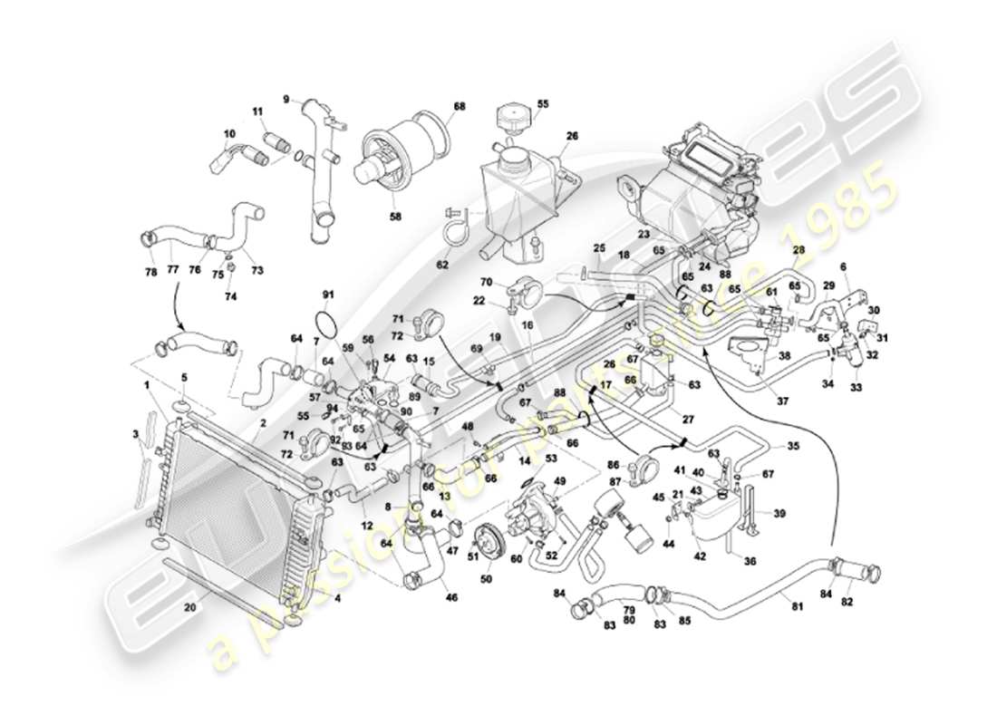 aston martin vanquish (2002) teilediagramm des wasserkühlsystems