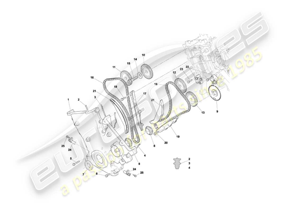 aston martin vanquish (2004) teilediagramm für vorderabdeckung, ketten und kettenräder