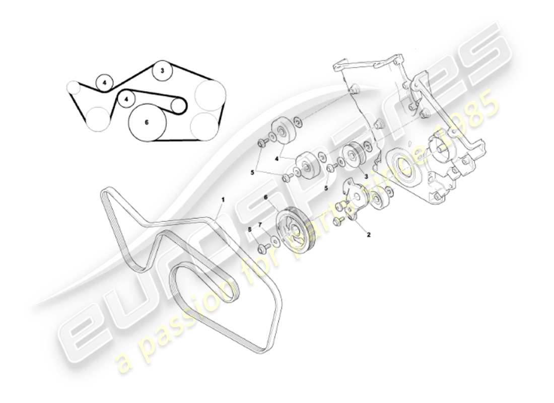 aston martin vanquish (2002) teilediagramm für antriebsriemen, spanner und riemenscheiben
