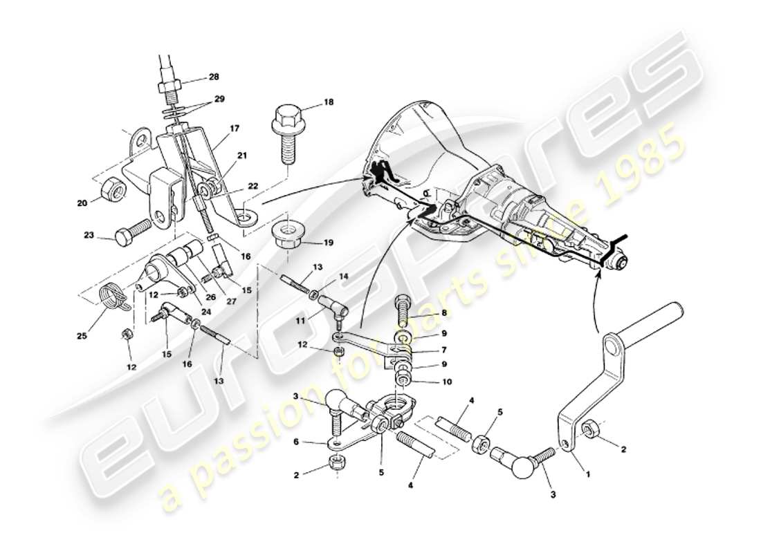 aston martin v8 volante (2000) teilediagramm für getriebegestänge
