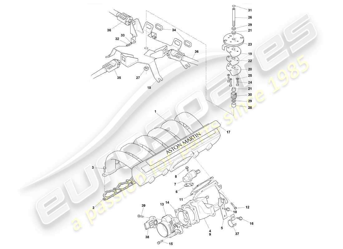 aston martin db7 vantage (2002) teilediagramm für ansaugkrümmer und drosselklappen