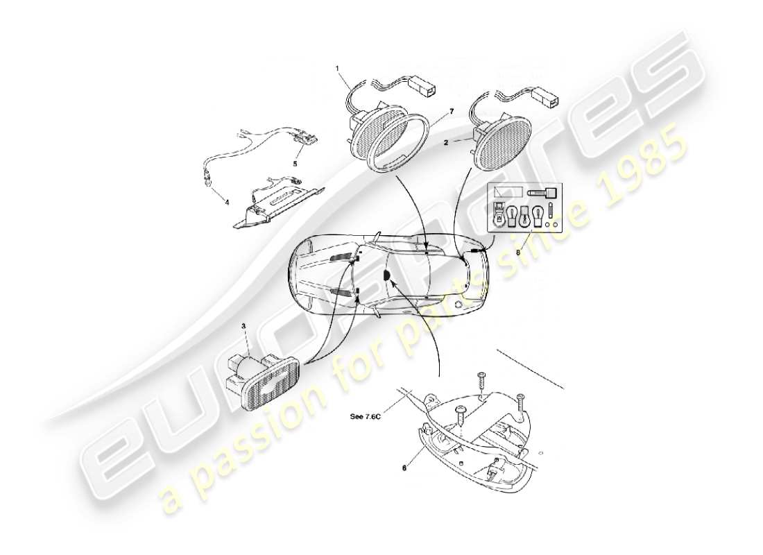 aston martin vanquish (2003) teilediagramm für innenraumleuchten und -birnen