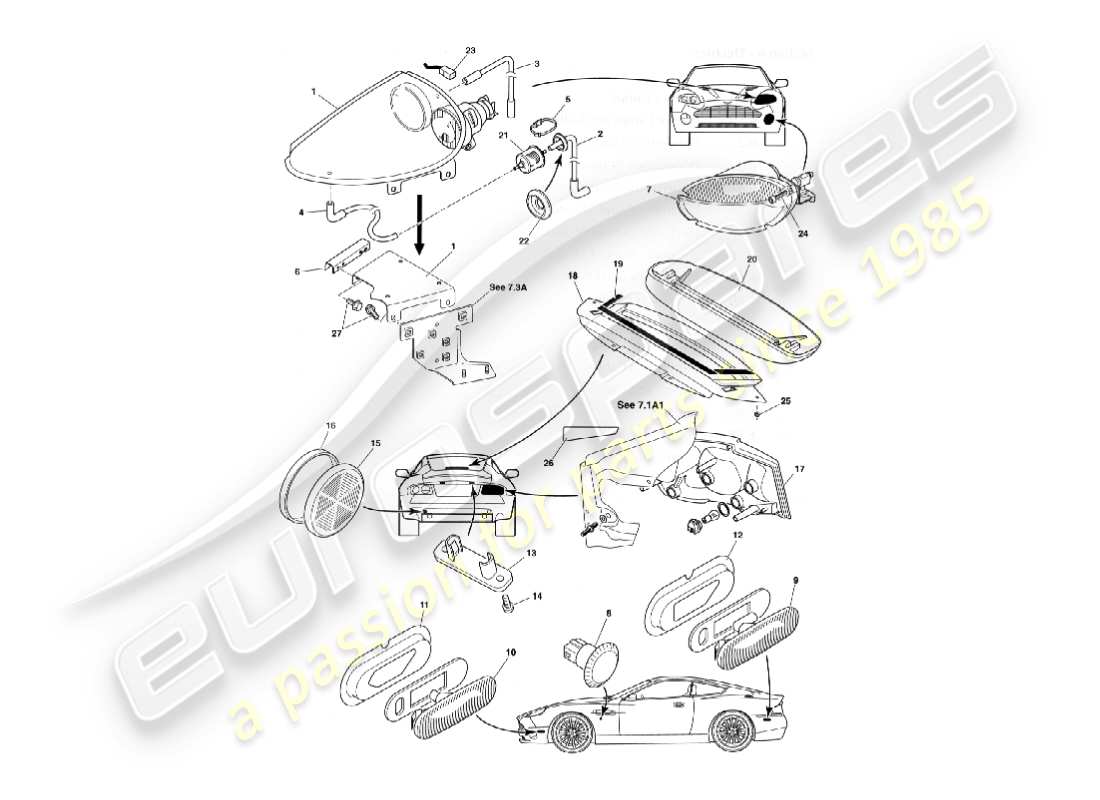 aston martin vanquish (2003) teilediagramm für außenleuchten