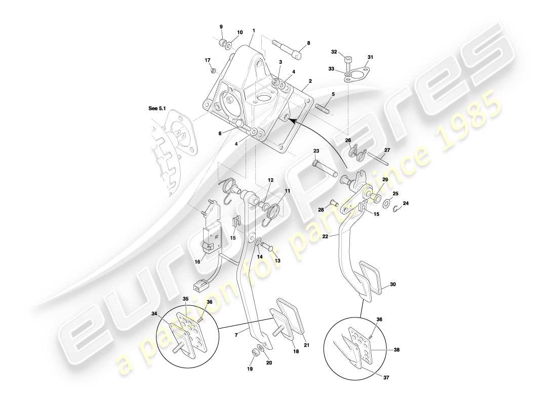aston martin db7 vantage (2004) teilediagramm für pedalgetriebe, handbremse und kupplung