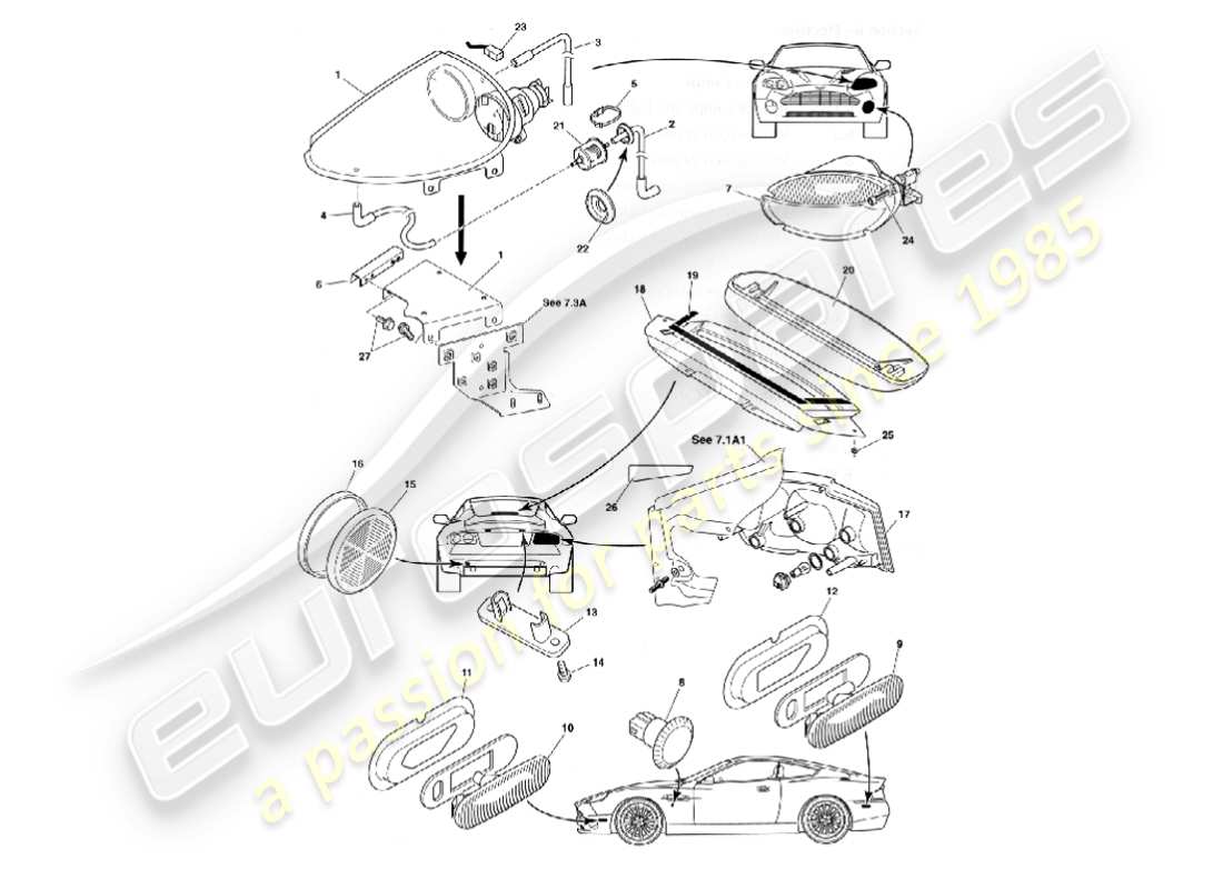 aston martin vanquish (2007) teilediagramm für außenleuchten