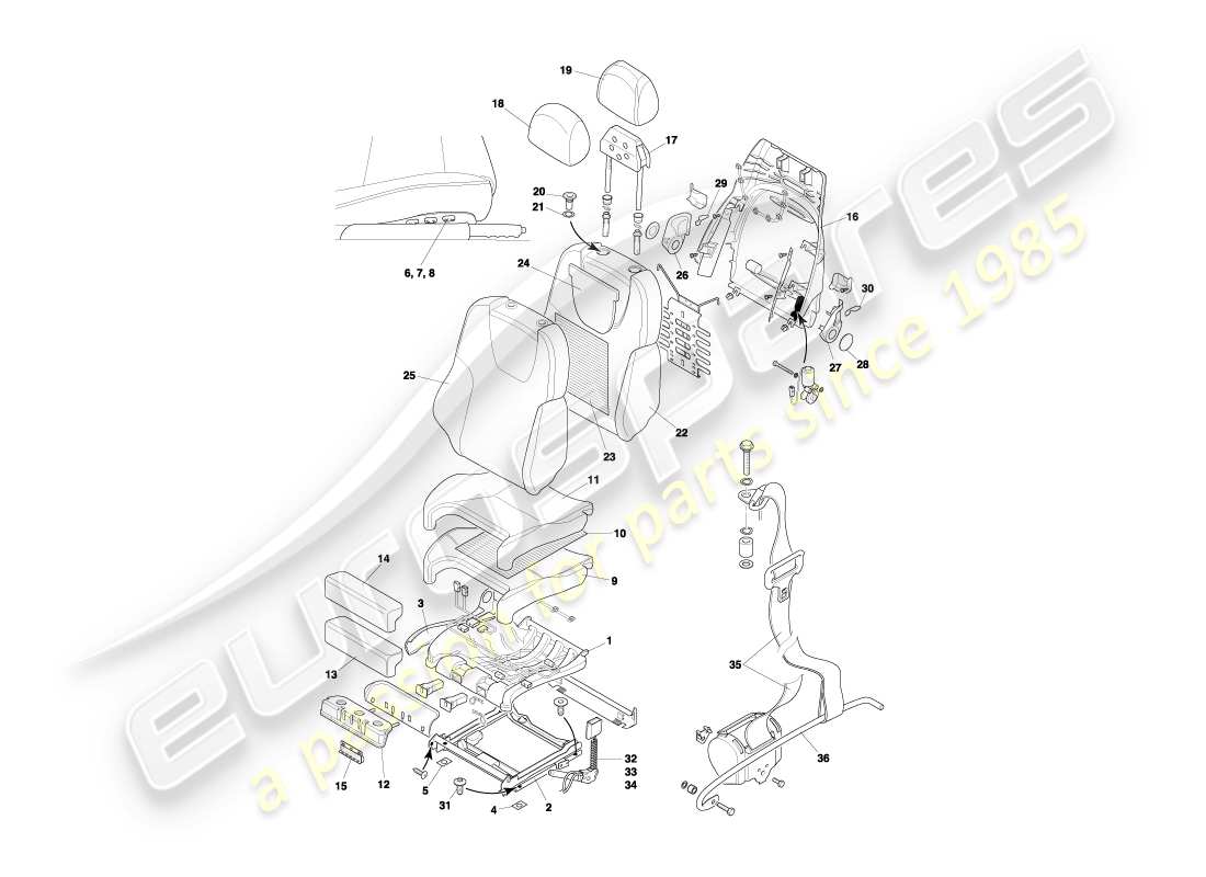 aston martin db7 vantage (2000) teilediagramm für vordersitze und gurte