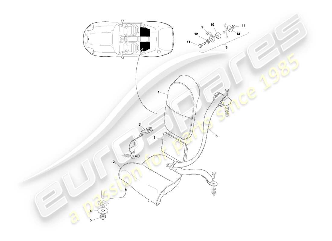 aston martin db7 vantage (2000) teilediagramm für rücksitze und gurte