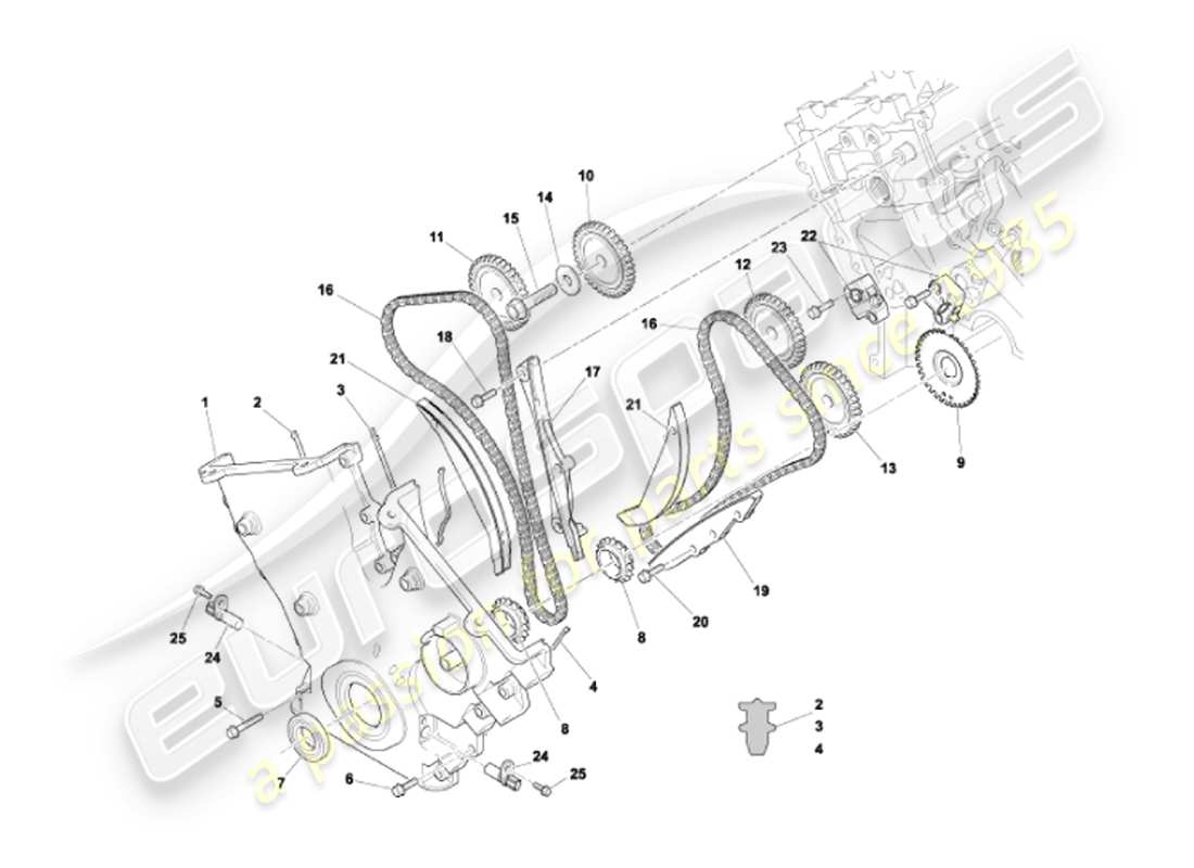 aston martin vanquish (2007) teilediagramm für vorderabdeckung, ketten und kettenräder