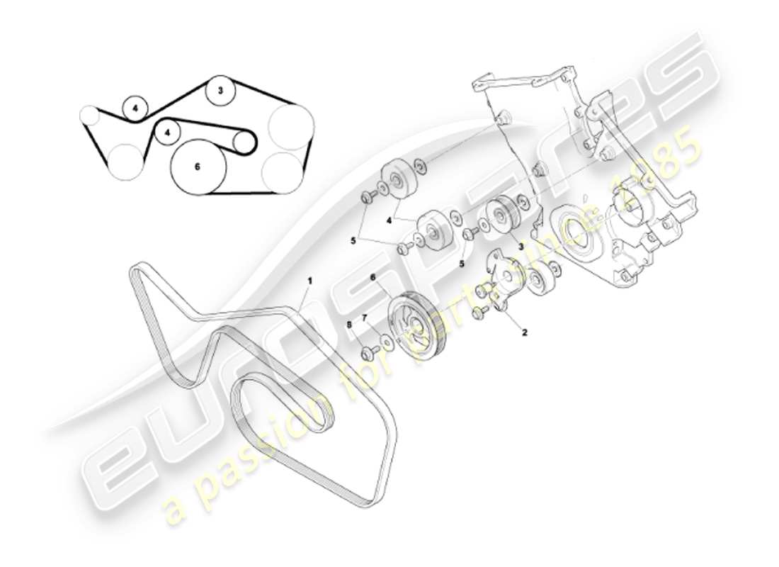 aston martin vanquish (2007) teilediagramm für antriebsriemen, spanner und riemenscheiben