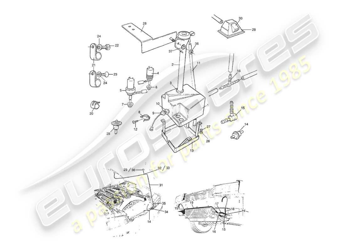 aston martin v8 virage (2000) teilediagramm für windschutzscheiben- und scheinwerferwaschanlagen