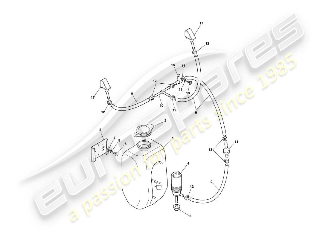aston martin v8 coupe (2000) teilediagramm für scheibenwaschanlagen