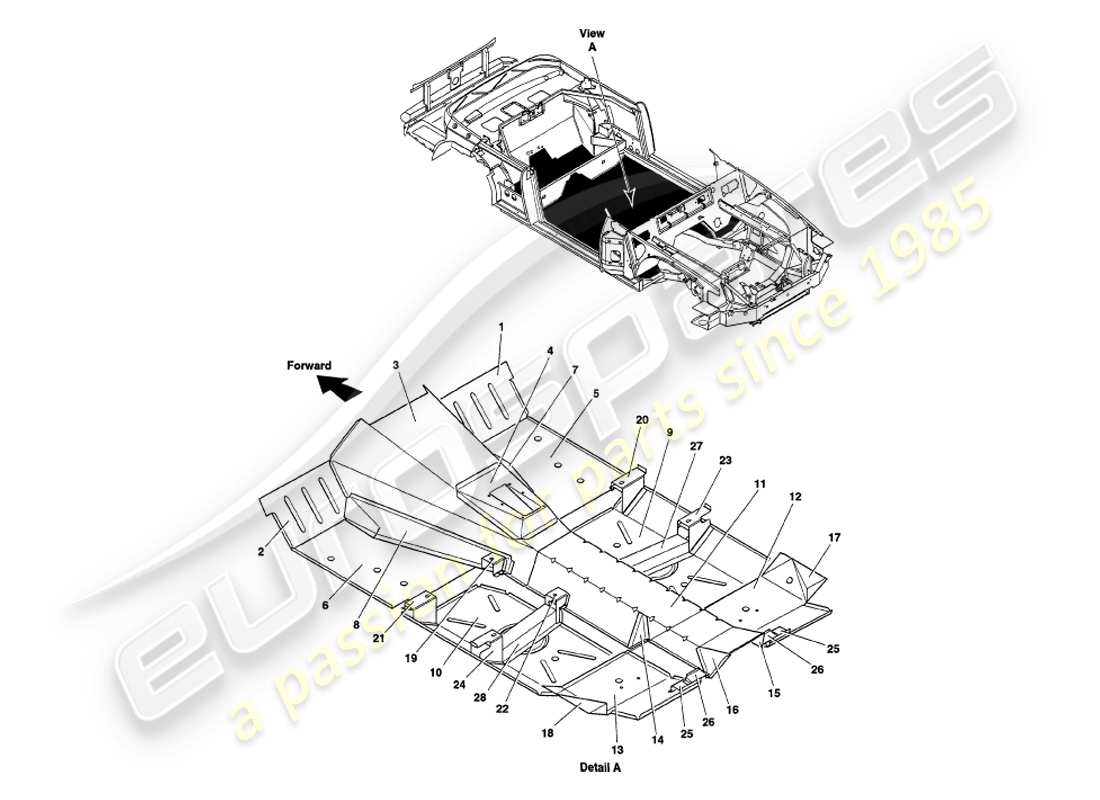 aston martin v8 volante (1999) teilediagramm für bodenplatten