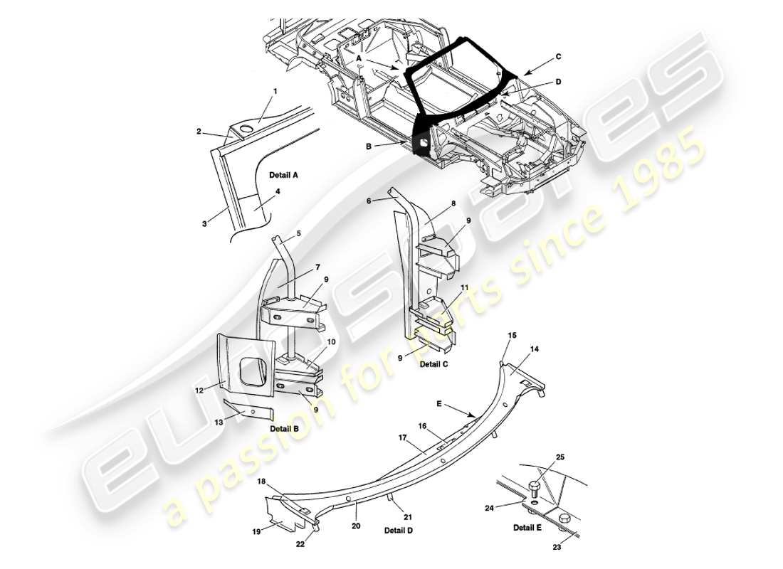 aston martin v8 volante (1999) überbau-teilediagramm