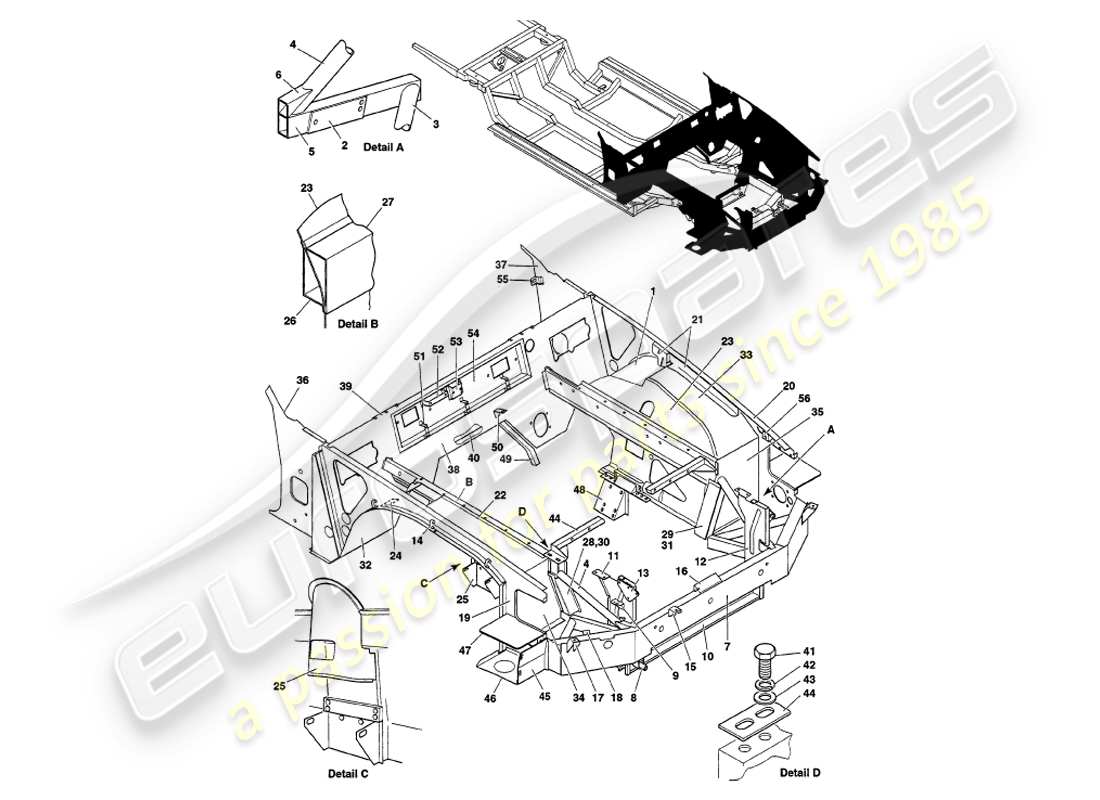 aston martin v8 volante (1999) teilediagramm der frontstruktur