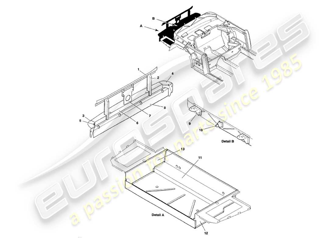 aston martin v8 volante (1999) teilediagramm für heckstruktur, stoßstange und kofferraum