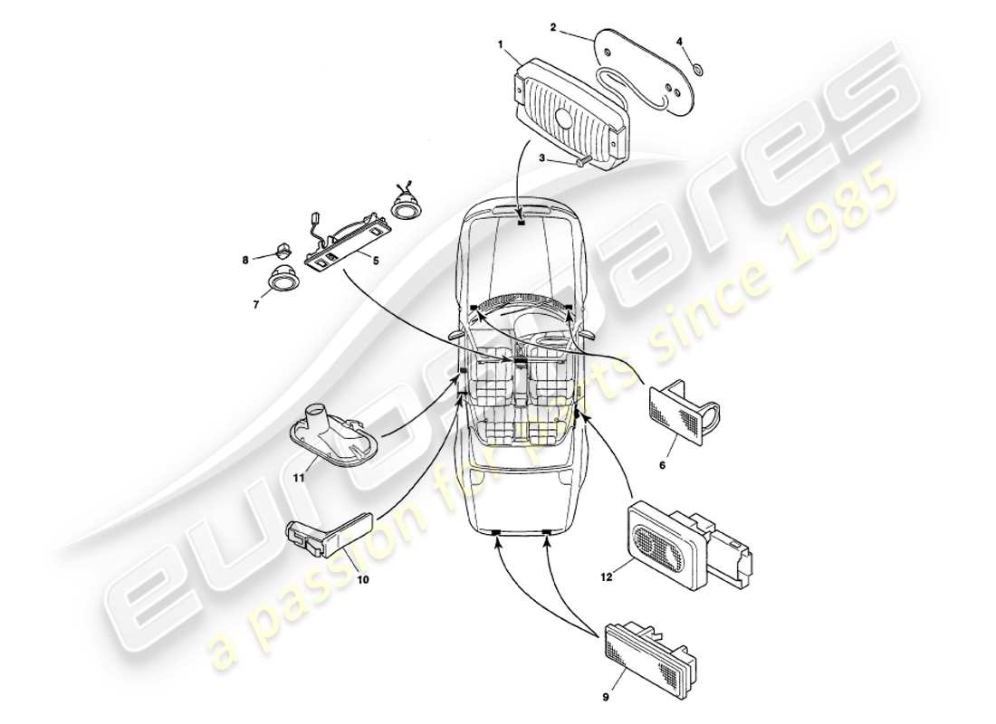 aston martin v8 volante (1999) teilediagramm für innenleuchten