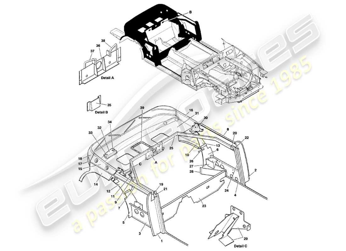aston martin v8 volante (2000) teilediagramm der hinteren struktur